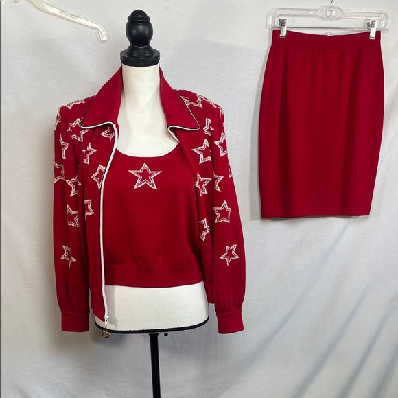 St. John 3 pc knit Red Star-Embellished Women's Skirt jacket knit sweater